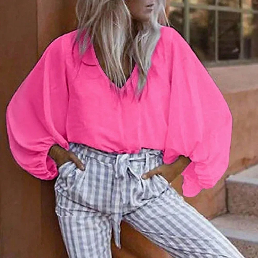 Hot Pink Casual Women's Plus Size V-Neck Long Sleeve Blouse - Picture 3 of 4